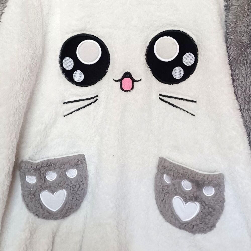 Women's Size S Hooded Fleece Pajama Set, 2-Piece, Gray/White, Long Sleeve Plush - Picture 5 of 15
